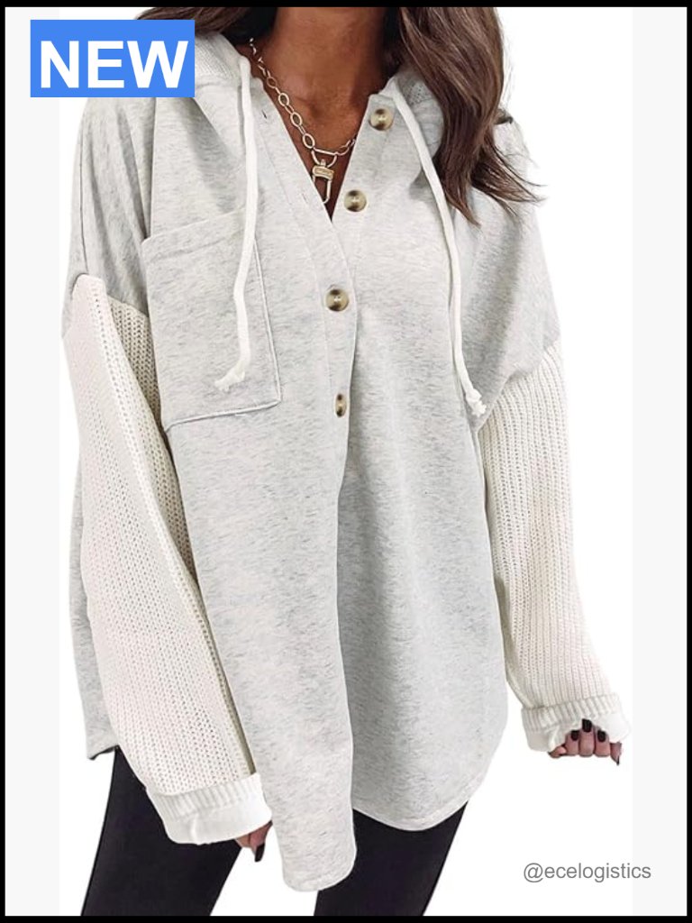 Oversized Hooded Sweatshirt Button Front Long Sleeve Casual Pocket Top